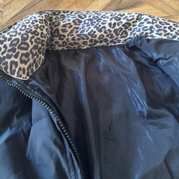 Cropped Black Puffer Jacket Soft Suede Leopard Print Collar Ribbed Cuffs Urban - Picture 6 of 12